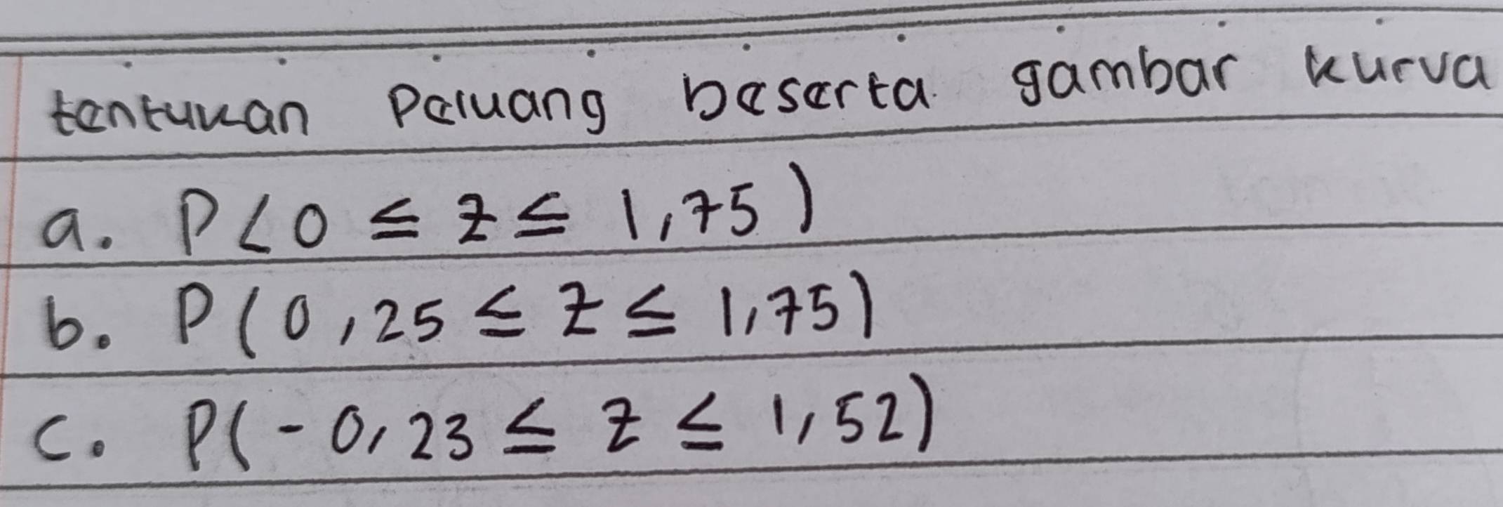 tantuuan Paluang beserta gambar kurva 
a. P(0≤ z≤ 1,75)
b. P(0,25≤ z≤ 1,75)
C. P(-0,23≤ z≤ 1,52)