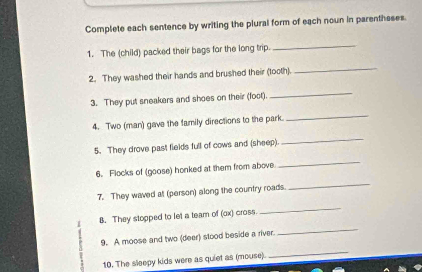 Complete each sentence by writing the plural form of each noun in parentheses. 
1. The (child) packed their bags for the long trip. 
_ 
2. They washed their hands and brushed their (tooth). 
_ 
3. They put sneakers and shoes on their (foot). 
_ 
4. Two (man) gave the family directions to the park. 
_ 
5. They drove past fields full of cows and (sheep). 
_ 
6. Flocks of (goose) honked at them from above. 
_ 
7. They waved at (person) along the country roads. 
_ 
8. They stopped to let a team of (ox) cross. 
_ 
P 9. A moose and two (deer) stood beside a river. 
10. The sleepy kids were as quiet as (mouse).