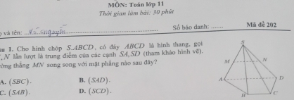 MÔN: Toán lớp 11
Thời gian làm bài: 30 phút
0 và tên: _Số báo danh: _Mã đề 202
iu 1. Cho hình chóp S. ABCD 、 có đáy ABCD là hình thang, gọi
TN lần lượt là trung điểm của các cạnh S4, SD (tham khảo hình vẽ).
tòng thẳng MN song song với mặt phẳng nào sau đây?
A. (SBC) B. (S4D).
C. (SAB ) D. (SCD).