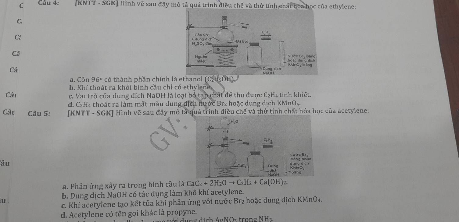 [KNTT - SGK] Hình vẽ sau đây mô tả quá trình điều chế và thử tính chất hóa học của ethylene:
C
Cá 
Câ
Câ
a. Cồn 96° có thành phần chính là ethanol (C2H₅OH)
b. Khí thoát ra khỏi bình cầu chỉ có ethylene.
Câi c. Vai trò của dung dịch NaOH là loại bỏ tạp chất để thu được C₂H₄ tinh khiết.
d. C₂H4 thoát ra làm mất màu dung dịch nước Br2 hoặc dung dịch KMnO4.
Câu Câu 5: [KNTT - SGK] Hình vẽ sau đây mô tả quá trình điều chế và thử tính chất hóa học của acetylene:
âu 
a. Phản ứng xảy ra trong bình cầu là CaC_2+2H_2Oto C_2H_2+Ca(OH)_2
b. Dung dịch NaOH có tác dụng làm khô khí acetylene.
u
c. Khí acetylene tạo kết tủa khi phản ứng với nước Br₂ hoặc dung dịch KMnO4.
d. Acetylene có tên gọi khác là propyne.
Asigma NO_3 trong NH₃.