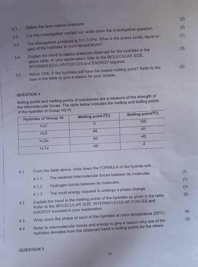 (2)
3.1 Define the term vapour pressure.
3.2 For this investigation carried out, write down the investigative question. (2)
3.3 The atmospheric pressure is 101,3 kPa. What is the phase (solid, liquid or (1)
gas) of the hydrides at room temperature?
3.4 Explain the trend in vapour pressure observed for the hydrides in the
(3)
above table. In your explanation, refer to the MOLECULAR SIZE,
INTERMOLECULAR FORCES and ENERGY required.
3.5 Which ONE of the hydrides will have the lowest melting point? Refer to the (2)
data in the table to give a reason for your answer.
QUESTION 4
Boiling points and melting points of substances are a measure of the strength of
lecular forces .The table below indicates the melting and boiling points
4.1 From the table above, write down the FORMULA of the hydride with…
4.1.1 The weakest intermolecular forces between its molecules, (1)
(1)
4.1.2 Hydrogen bonds between its molecules
4.1.3 The most energy required to undergo a phase change.
(1)
4.2 Explain the trend in the melting points of the hydrides as given in the table. (3)
Refer to the MOLECULAR SIZE, INTERMOLECULAR FORCES and
ENERGY involved in your explanation.
4.3 Write down the phase of each of the hydrides at room temperature (25°C). (4)
4.4 Refer to intermolecular forces and energy to give a reason why one of the (2)
hydrides deviates from the observed trend in boiling points for the others
QUESTION 5
14