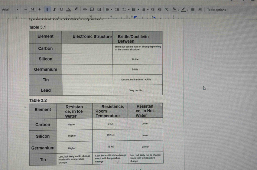 Arial 14 + B I U Table options