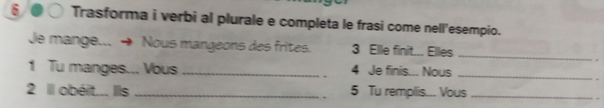 Trasforma i verbi al plurale e completa le frasi come nell'esempio. 
Je mange... → Nous mangeons des frites. 3 Ellle finit... Ellles_ 
1 Tu manges... Vous _4 Je finis... Nous_ 
2 Il obéit... Ils _5 Tu remplis... Vous_