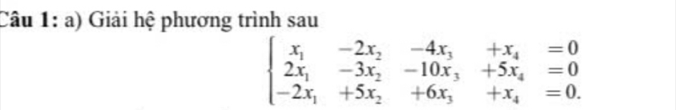 Giải hệ phương trình sau
beginarrayl x_1-2x_2-4x_3+x_4=0 2x_1-3x_2-10x_3+5x_4=0 -2x_1+5x_2+6x_3+x_4=0.endarray.