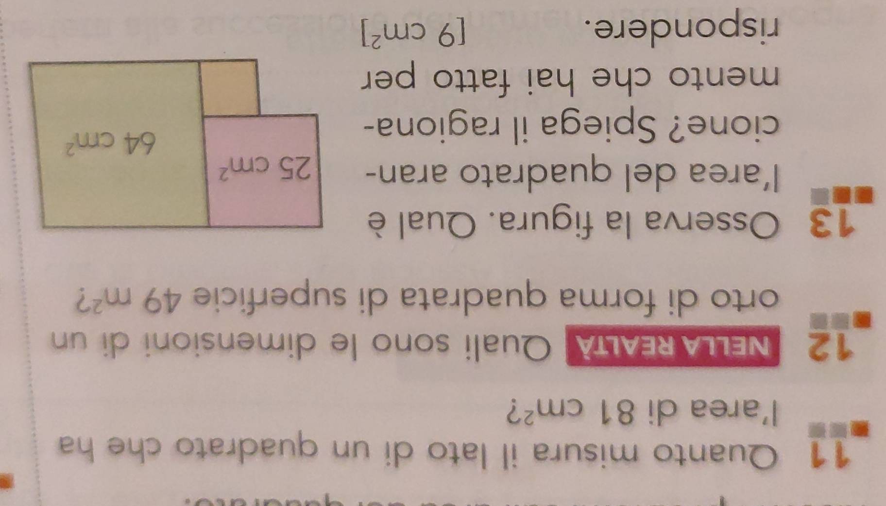 Quanto misura il lato di un quadrato che ha
l’area di 81cm^2 7
12 NELLA rEaltà| Quali sono le dimensioni di un
orto di forma quadrata di superficie 49m^2 ?
13 Osserva la figura. Qual è
l’area del quadrato aran-
cione? Spiega il ragiona-
mento che hai fatto per 
rispondere. [9cm^2]