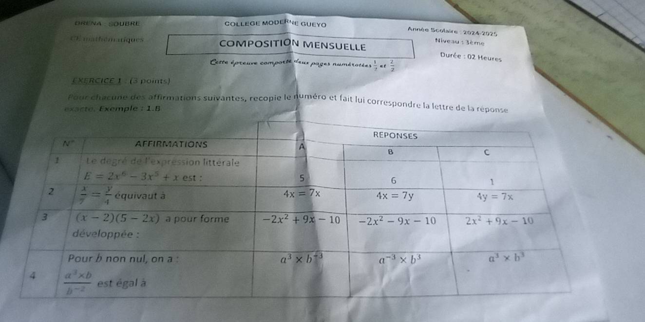 DRENA : SOUBRE coLLEGE MODERNE Gueyo
* Année Scolaire : 2024-2025
E mathématiques COMPOSITION MENSUELLE
Niveau :3ème
Durée : 02 Heures
Cette épreuve comporte deux pages numérotées  1/2  al  2/2 
EXERCICE 1: (3 points)
Pour chacune des affirmations suivantes, recopie le numéro et fait lui correspondre la lettre de la réponse
exacte. Exemple : 1.B