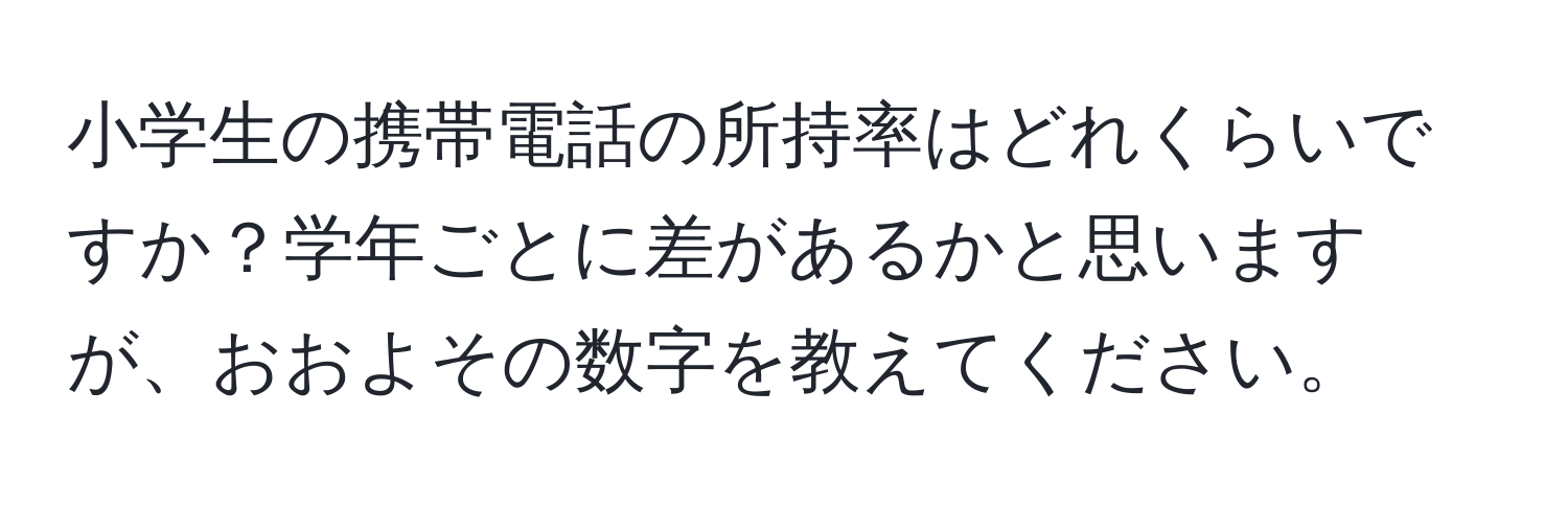 小学生の携帯電話の所持率はどれくらいですか？学年ごとに差があるかと思いますが、おおよその数字を教えてください。