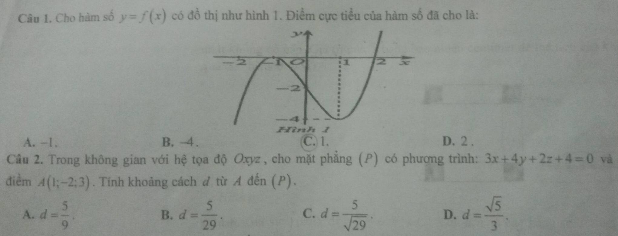 Cho hàm số y=f(x) có đồ thị như hình 1. Điểm cực tiểu của hàm số đã cho là:
A. -1. B. -4. C. 1. D. 2.
Câu 2. Trong không gian với hệ tọa độ Oxyz , cho mặt phẳng (P) có phương trình: 3x+4y+2z+4=0 và
điểm A(1;-2;3). Tính khoảng cách đ từ A đến (P).
A. d= 5/9 . d= 5/29 . d= 5/sqrt(29) . d= sqrt(5)/3 . 
B.
C.
D.