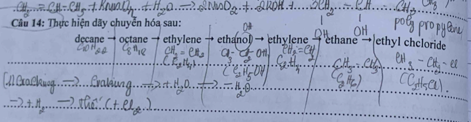 Thực hiện dãy chuyển hóa sau:
decane → octane ethylene ethanol ethylene ethane ethyl chcloride