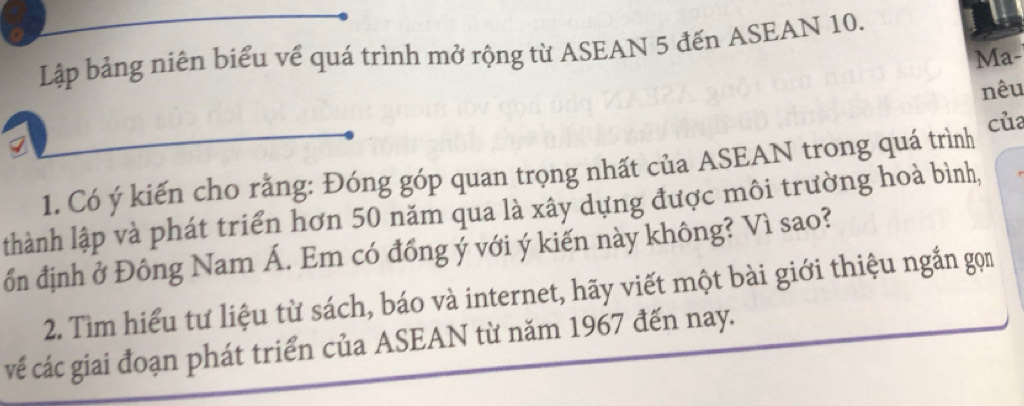 Lập bảng niên biểu về quá trình mở rộng từ ASEAN 5 đến ASEAN 10. 
Ma- 
nêu 
a 
1. Có ý kiến cho rằng: Đóng góp quan trọng nhất của ASEAN trong quá trình cùa 
thành lập và phát triển hơn 50 năm qua là xây dựng được môi trường hoà bình, 
ốn định ở Đông Nam Á. Em có đồng ý với ý kiến này không? Vì sao? 
2. Tìm hiểu tư liệu từ sách, báo và internet, hãy viết một bài giới thiệu ngắn gọn 
về các giai đoạn phát triển của ASEAN từ năm 1967 đến nay.