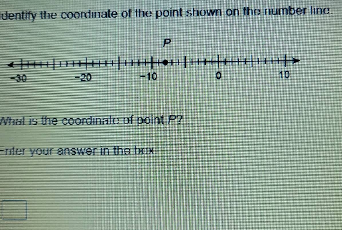 dentify the coordinate of the point shown on the number line. 
What is the coordinate of point P? 
Enter your answer in the box.