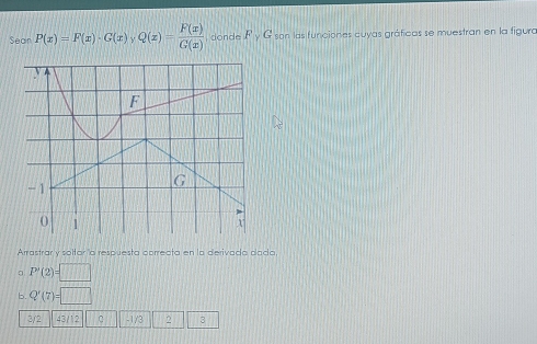 Sear P(x)=F(x)· G(x), Q(x)= F(x)/G(x)  donde F_YG son las funciones cuyas gráficas se muestran en la figura
Arrastrar y soltar a respuesta pprreata en la derivada pada
P'(2)=□
b. Q'(7)=□
3/2 43/12 C -1/3 2