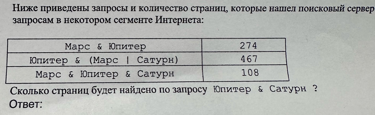 Ниже πриведень запросьи количество странице которые нашел поисковый сервер 
запросам в некотором сегменте Интернета: 
Сколько страниц булет найлено πозаπросу Κπитер & Сатурн ? 
Otbet: