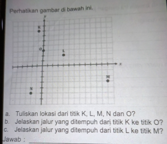 Perhatikan gambar di bawah ini. 
a. Tuliskan lokasi dari titik K, L, M, N dan O? 
b. Jelaskan jalur yang ditempuh dari titik K ke titik O? 
c. Jelaskan jalur yang ditempuh dari titik L ke titik M? 
Jawab :_