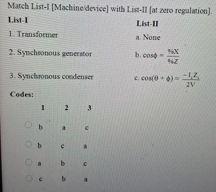 Match List-I [Machine/device] with List-II [at zero regulation].
List-I List-II
1. Transformer a. None
2. Synchronous generator b. cos phi = % X/% Z 
3. Synchronous condenser c. cos (θ +phi )=frac -I_sZ_s2V
Codes:
1 2 3
b a c
b c a
a b c
c b a