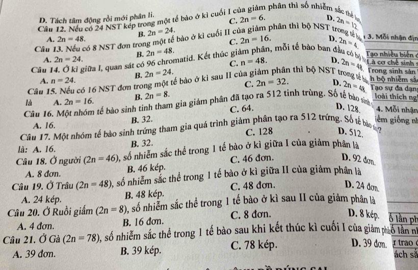 D. Tách tâm động rồi mới phân li.
C. 2n=6.
D. 2n=12
Câu 12. Nếu có 24 NST kếp trong một tế bào ở kì cuối I c n  phân thì số nhiễm sáắc thể l
A. 2n=48. B. 2n=24.
C. 2n=16.
Câu 1 6 8 NST đơn trong một tế bào ở kì cuối II cư
phân thì bộ NST trong tế bảo D.  3. Mỗi nhận địn
A. 2n=24. B. 2n=48.
n, mỗi tế bào ban đà  ở
Câu giữa I, quan sát có 96 chromatid. Kết thúc gi 2n=4.
C. n=48.
:
D. 2n=48 n
B. 2n=24.
C. 2n=32.
Câu 1 có 16 NST đơn trong một tế bào ở kì sau II của g h thì bộ NST trong tếắ
A. n=24. D. 2n=48. n
Câu 16. Một nhóm tế bào sinh tình tham gia giảm phân đã tạo ra 512 tinh trùng. Số tế bào  là A. 2n=16. B. 2n=8.
g
A. 16. B. 32. C. 64.
D. 128. 4. Mỗi nhận
iềm giống n
Câu 17. Một nhóm tế bào sinh trứng tham gia quá trình giảm phân tạo ra 512 trứng. Số tế bào D. 512.
B. 32. C. 128
là: A. 16.
Câu 18. Ở người (2n=46) 0, số nhiễm sắc thể trong 1 tế bào ở kì giữa I của giảm phân là
D. 92 đơn
A. 8 đơn.
B. 46 kép. C. 46 đơn.
Câu 19. Ở Trâu (2n=48) 0, số nhiễm sắc thể trong 1 tế bào ở kì giữa II của giảm phân là
A. 24 kép. B. 48 kép. C. 48 đơn.
D. 24 đơn.
Câu 20. Ở Ruồi giấm (2n=8) 0, số nhiễm sắc thể trong 1 tế bào ở kì sau II của giảm phân là
A. 4 đơn. B. 16 đơn. C. 8 đơn.
D. 8 kép. ố lần ph
Câu 21. Ở Gà (2n=78) , số nhiễm sắc thể trong 1 tế bào sau khi kết thúc kì cuối I của giảm phố lần n
A. 39 đơn. B. 39 kép. C. 78 kép.
D. 39 đơn.   trao
ách sắ