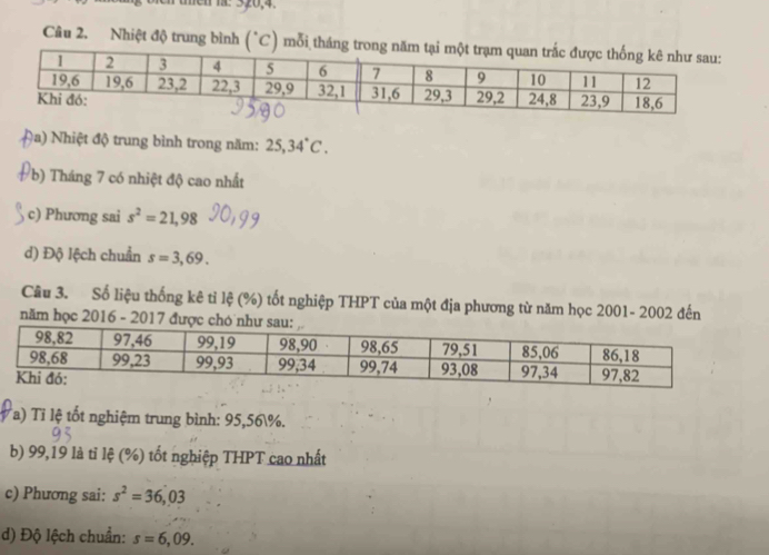 nen la: 320,4. 
Câu 2. Nhiệt độ trung bình (*C) mỗi th 
Đa) Nhiệt độ trung bình trong năm: 25, 34°C. 
b) Tháng 7 có nhiệt độ cao nhất 
c) Phương sai s^2=21,98
d) Độ lệch chuẩn s=3,69. 
Câu 3. Số liệu thống kê tỉ lệ (%) tốt nghiệp THPT của một địa phương từ năm học 2001- 2002 đến 
năm học 2016 - 2017 đư 
Ta) Tỉ lệ tốt nghiệm trung bình: 95,56%. 
b) 99,19 là tỉ lệ (%) tốt nghiệp THPT cao nhất 
c) Phương sai: s^2=36,03
d) Độ lệch chuẩn: s=6,09.