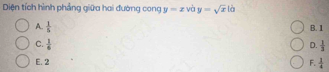 Diện tích hình phẳng giữa hai đường cong y=x và y=sqrt(x) là
A.  1/5  B. 1
C.  1/6  D.  1/3 
E. 2 F.  1/4 