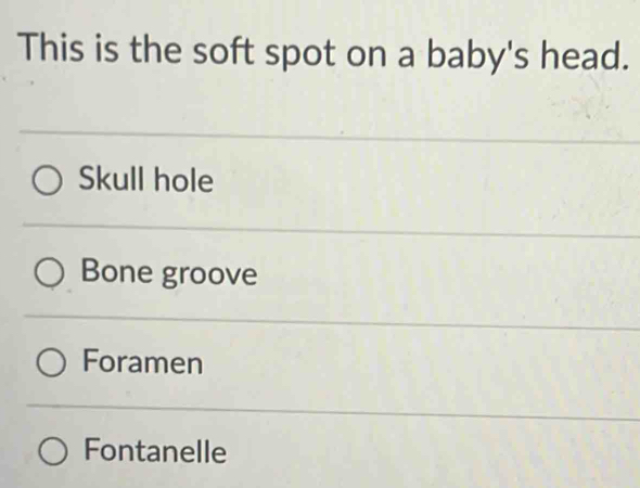 This is the soft spot on a baby's head.
Skull hole
Bone groove
Foramen
Fontanelle