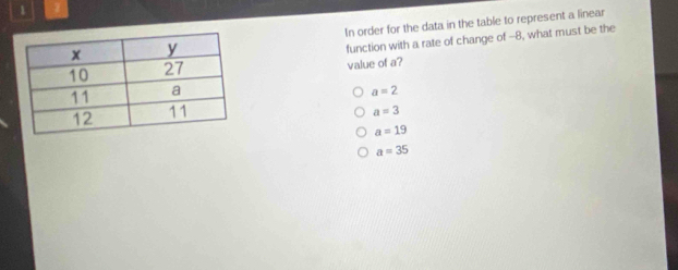 1 1
In order for the data in the table to represent a linear
function with a rate of change of -8, what must be the
value of a?
a=2
a=3
a=19
a=35