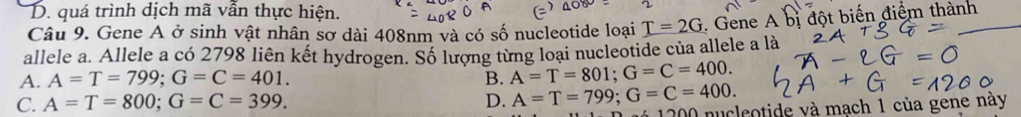 D. quá trình dịch mã vẫn thực hiện.
Câu 9. Gene A ở sinh vật nhân sơ dài 408nm và có số nucleotide loại T=2G. Gene A bị đột biến điểm thành
allele a. Allele a có 2798 liên kết hydrogen. Số lượng từng loại nucleotide của allele a là
A. A=T=799; G=C=401. B. A=T=801; G=C=400.
C. A=T=800; G=C=399. D. A=T=799; G=C=400.
200 O nucleotide và mạch 1 của gene này