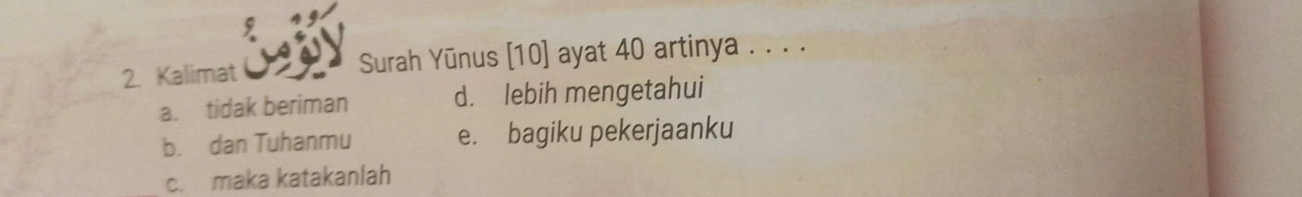 Kalimat Surah Yūnus [10] ayat 40 artinya . . . .
a. tidak beriman d. lebih mengetahui
b. dan Tuhanmu e. bagiku pekerjaanku
c. maka katakanlah