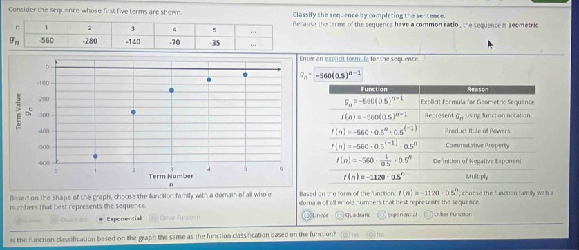 Consider the sequence whose first five terms are shown. Classify the sequence by completing the sentence.
ecause the terms of the sequence have a common ratio , the sequence is geometric .
an explicit formula for the sequence.
g_n=-560(0.5)^n-1
Function Reason
g_n=-560(0.5)^n-1
Explicit Formula for Geometric Sequence
Represent g_n using function notation
f(n)=-560(0.5)^n-1
f(n)=-560· 0.5^n· 0.5^((-1)) Product Rule of Powers
f(n)=-560· 0.5^((-1))· 0.5^n
Commutative Property
f(n)=-560·  1/0.5 · 0.5^n
Definition of Negative Exponent
Multiply
f(n)=-1120· 0.5^n
Based on the form of the function, f(n)=-1120· 0.5^n
Based on the shape of the graph, choose the function family with a domain of all whole domain of all whole numbers that best represents the sequence. , choose the function family with a
numbers that best represents the sequence.
Quadratic Exponential Other Function ○ Linear Quadratic Exponential Other Function
Is the function classification based on the graph the same as the function classification based on the function? )Yes No