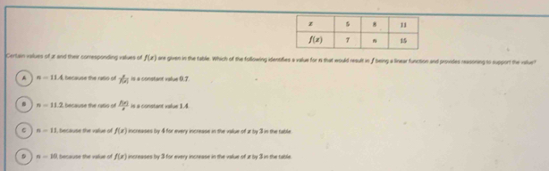 Certain values of ar and their corresponding values of f(x) are given in the table. Which of the following identifies a value for in that would result in f being a linear function and provides reasoning to support the value?
A n=11.4 because the rasis of  1/3 a_1/4 is a constant value 0.7.
B n=11.2 because the rasio of  f(x)/x  is a constant value 1.4
。 n=11 l, because the value of f(x) increases by 4 for every increase in the value of æ by 3 in the table
D n-10 l because the value of f(x) increases by 3 for every increase in the value of æ by 3 in the table.