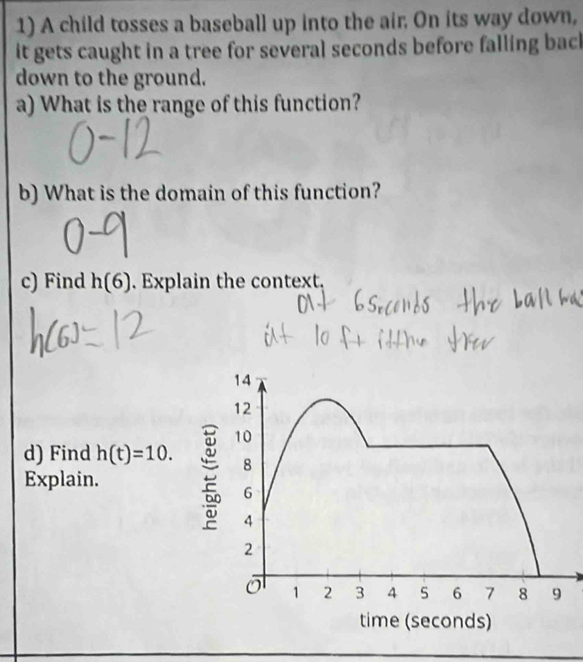 A child tosses a baseball up into the air. On its way down, 
it gets caught in a tree for several seconds before falling back 
down to the ground. 
a) What is the range of this function? 
b) What is the domain of this function? 
c) Find h(6). Explain the context. 
d) Find h(t)=10. 
Explain.