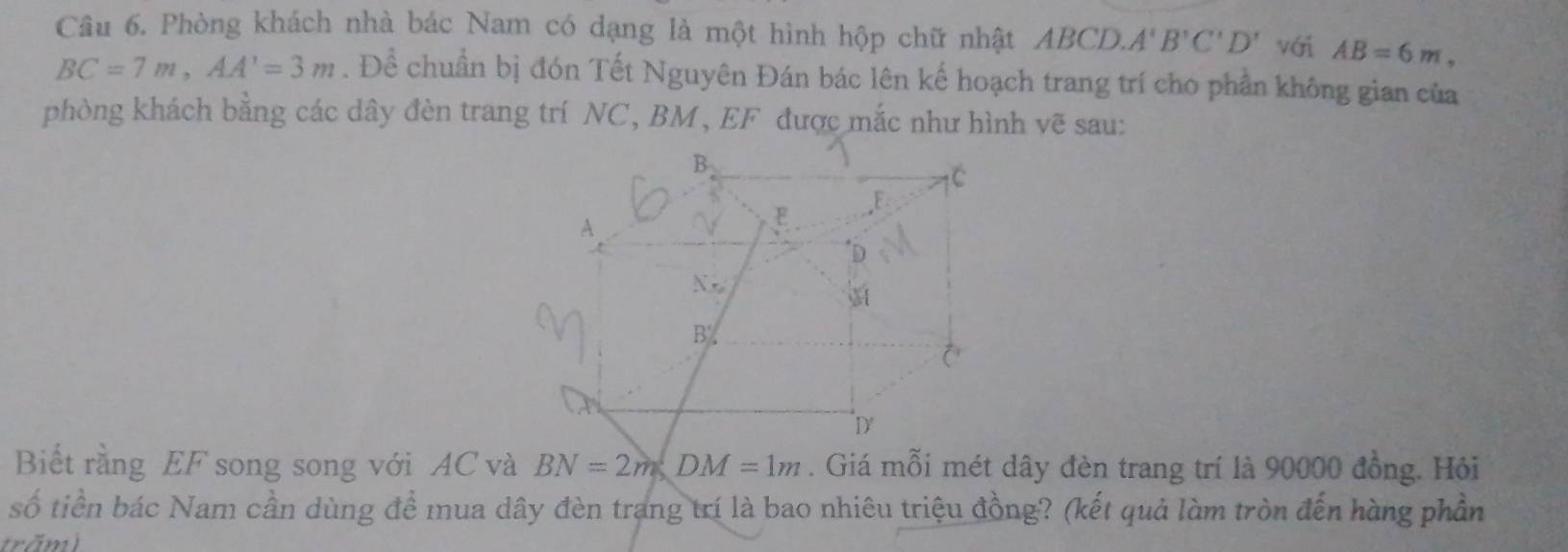 Phòng khách nhà bác Nam có dạng là một hình hộp chữ nhật ABCD A'B'C'D' với AB=6m,
BC=7m, AA'=3m. Để chuẩn bị đón Tết Nguyên Đán bác lên kế hoạch trang trí cho phần không gian của 
phòng khách bằng các dây đèn trang trí NC, BM, EF được mắc như hình vẽ sau: 
Biết rằng EF song song với AC và BN=2m DM=1m. Giá mỗi mét dây đèn trang trí là 90000 đồng. Hỏi 
số tiền bác Nam cần dùng để mua dây đèn trang trí là bao nhiêu triệu đồng? (kết quả làm tròn đến hàng phần 
trăm)