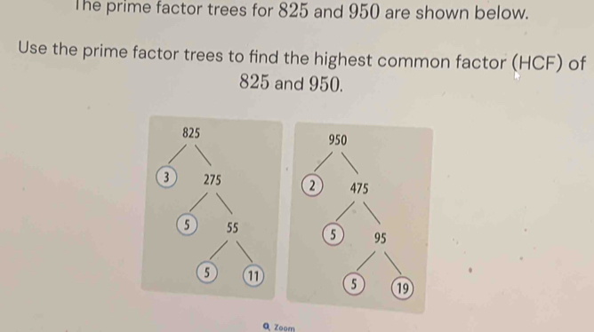 The prime factor trees for 825 and 950 are shown below. 
Use the prime factor trees to find the highest common factor (HCF) of
825 and 950.
825
3 275
5 55
5 1
Q Zoom