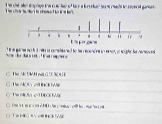 The dot plot displays the number of hits a baseball team made in several games.
The distribution is skewed to the left.
if the game with 3 hits is considered to be recorded in error, it might be removed
from the data set. If that happens:
The MEDIAN wIll DECREASE
The MEAN will INCREASE
The MEAN will DECREASE
Both the mean AND the median will be unaffected
The MEDIAN wiil INCREASE