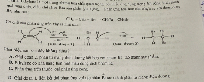 2, Ethylene là một trong những hóa chất quan trọng, có nhiều ứng dụng trọng đời sống: kích thích
quả mau chín, điều chế nhưa làm sản phẩm gia dụng. Phản ứng hóa học của ethylene với dung dịch
Br_2 như sau:
CH_2=CH_2+Br_2to CH_2Br-CH_2Br
Cơ chề của phản ứng trên xảy ra như sau:
Phát biểu nào sau đây không đúng?
A. Giai đoạn 2, phần tử mang điện dương kết hợp với anion Br¯ tạo thành sản phẩm.
B. Ethylene có khả năng làm mất màu dung dịch bromine.
C. Phân ứng trên thuộc loại phản ứng cộng.
D. Giai đoạn 1, liên kết đôi phản ứng với tác nhân Br tạo thành phần tử mang điện dương.