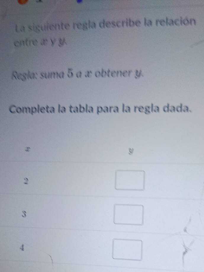 La siguiente regla describe la relación 
entre æ y y. 
Regla: suma 5 a æ obtener y. 
Completa la tabla para la regla dada.