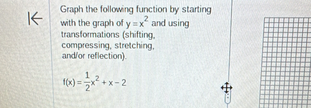 Graph the following function by starting 
with the graph of y=x^2 and using 
transformations (shifting, 
compressing, stretching, 
and/or reflection).
f(x)= 1/2 x^2+x-2