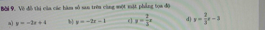 Bời 9. Vẽ đồ thị của các hàm số sau trên cùng một mặt phẳng tọa độ
a) y=-2x+4 b) y=-2x-1 c) y= 2/3 x d) y= 2/3 x-3