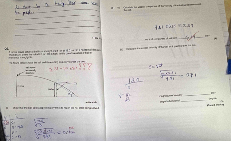 Calculate the vertical component of the velocity of the ball as it passes over 
the net. 
(Total 14 (2) 
vertical component of velocity _ ms^(-1)
Q2. In a horizontal direction (ii) Calculate the overall velocity of the ball as it passes over the net. 
A tennis player serves a ball from a height of 2.51 m at 18.0ms^(-1)
resistance is negligible. The ball just clears the net which is 1.00 m high. In this question assume that air 
The figure below shows the ball and its resulting trajectory across the court. 
magnitude of velocity _ ms^(-1)
angle to horizontal 
_degree (3) 
(Total 8 marks) 
(a) Show that the ball takes approximately 0.6 s to reach the net after being served.