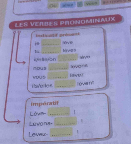 Innversion 
Qù allez yous au mols ' 
LES VERBES PRONOMINAUX 
indicatif présent 
je _lève 
tu _lèves 
il/elle/on _lève 
nous_ 
levons 
vous _levez 
ils/elles _lèvent 
impératif 
Lève- _| 
Levons-_ 
Levez-_