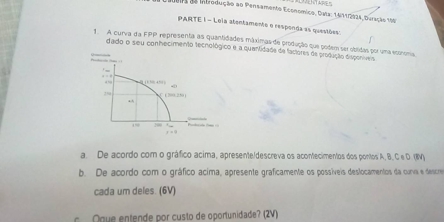 ALIMENTARES
Dudeira de Introdução ao Pensamento Economico, Data: 14/11/2024, Duração 100'
PARTE I - Leia atontamento o responda as questões:
1. A curva da FPP representa as quantidades máximas de produção que podem ser obtidas por uma economia
dado o seu conhecimento tecnológico e a quantidade de factores de produção disponíveis
a. De acordo com o gráfico acima, apresente/descreva os acontecimentos dos pontos A, B, C e D (8V)
b. De acordo com o gráfico acima, apresente graficamente os possíveis deslocamentos da curva e descre
cada um deles. (6V)
Oque entende por custo de oportunidade? (2V)