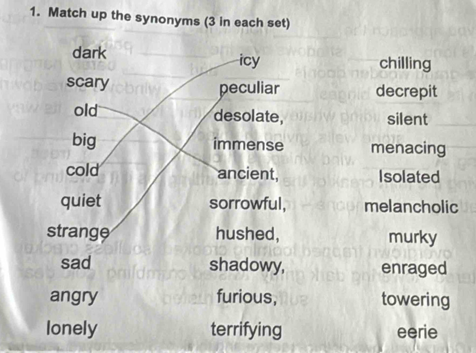 Match up the synonyms (3 in each set) 
dark 
icy chilling 
scary 
peculiar decrepit 
old desolate, silent 
big immense menacing 
cold ancient, Isolated 
quiet sorrowful, melancholic 
strange hushed, 
murky 
sad shadowy, enraged 
angry furious, towering 
lonely terrifying eerie