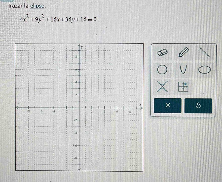 Trazar la elipse.
4x^2+9y^2+16x+36y+16=0
× 5