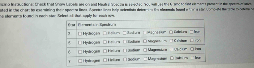 Sizmo Instructions: Check that Show Labels are on and Neutral Spectra is selected. You will use the Gizmo to find elements present in the spectra of stars 
sted in the chart by examining their spectra lines. Spectra lines help scientists determine the elements found within a star. Complete the table to determine 
he elements found in each star. Select all that apply for each row.