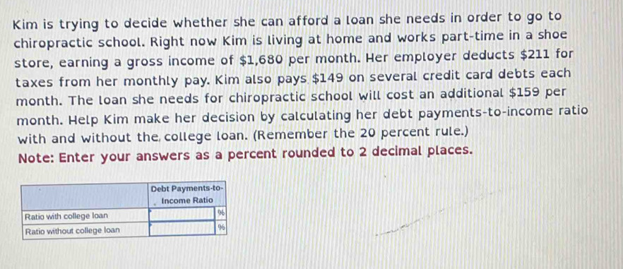 Kim is trying to decide whether she can afford a loan she needs in order to go to 
chiropractic school. Right now Kim is living at home and works part-time in a shoe 
store, earning a gross income of $1,680 per month. Her employer deducts $211 for 
taxes from her monthly pay. Kim also pays $149 on several credit card debts each
month. The loan she needs for chiropractic school will cost an additional $159 per
month. Help Kim make her decision by calculating her debt payments-to-income ratio 
with and without the college loan. (Remember the 20 percent rule.) 
Note: Enter your answers as a percent rounded to 2 decimal places.