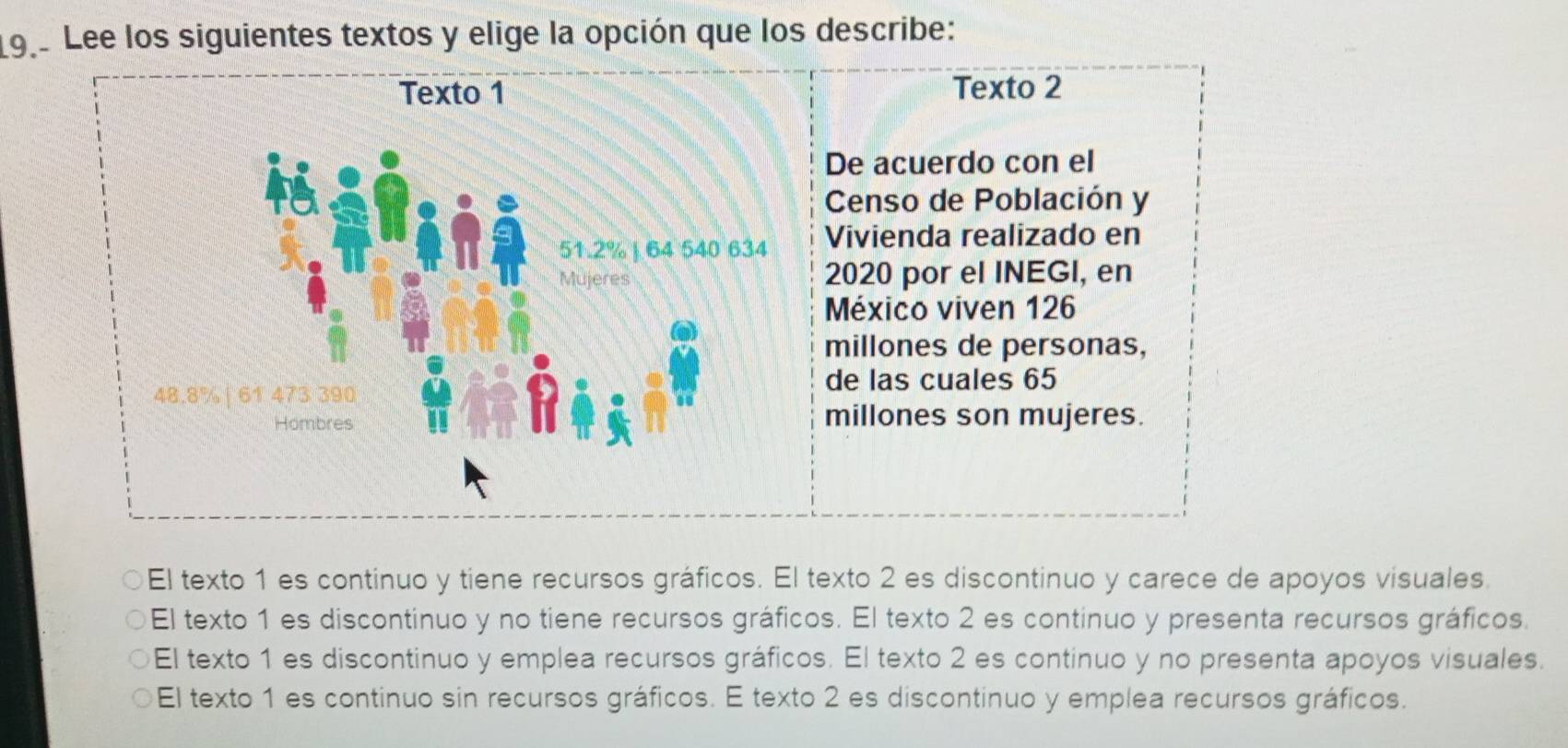 Lee los siguientes textos y elige la opción que los describe:
Texto 2
De acuerdo con el
Censo de Población y
Vivienda realizado en
2020 por el INEGI, en
México viven 126
millones de personas,
de las cuales 65
millones son mujeres.
El texto 1 es continuo y tiene recursos gráficos. El texto 2 es discontinuo y carece de apoyos visuales.
El texto 1 es discontinuo y no tiene recursos gráficos. El texto 2 es continuo y presenta recursos gráficos.
El texto 1 es discontinuo y emplea recursos gráficos. El texto 2 es continuo y no presenta apoyos visuales.
El texto 1 es continuo sin recursos gráficos. E texto 2 es discontinuo y emplea recursos gráficos.