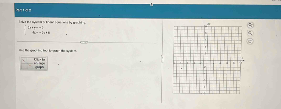 Solve the system of linear equations by graphing.
beginarrayl 2x+y=-9 4x=-2y+6endarray.
Use the graphing tool to graph the system. 
Click to 
enlarge 
graph