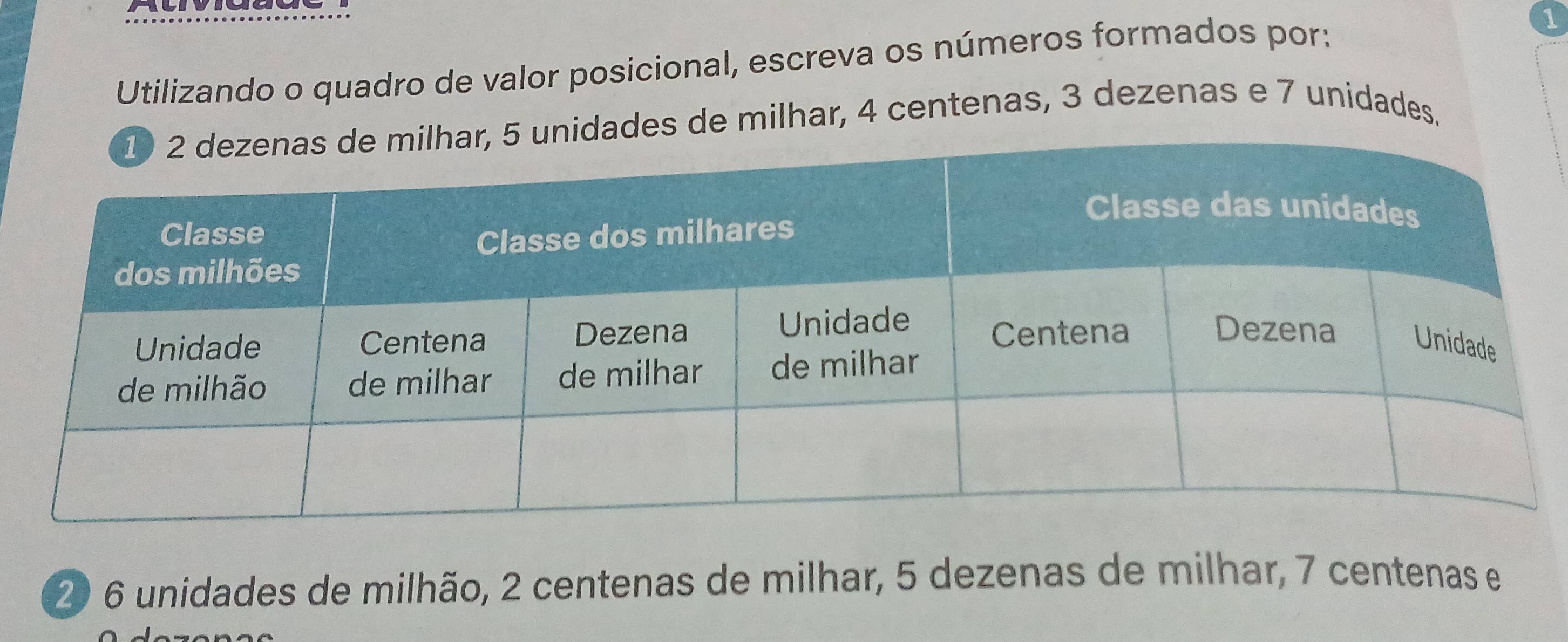 Utilizando o quadro de valor posicional, escreva os números formados por: 
es de milhar, 4 centenas, 3 dezenas e 7 unidades,
20 6 unidades de milhão, 2 centenas de milhar, 5 dezenas de milhar, 7 centenas e