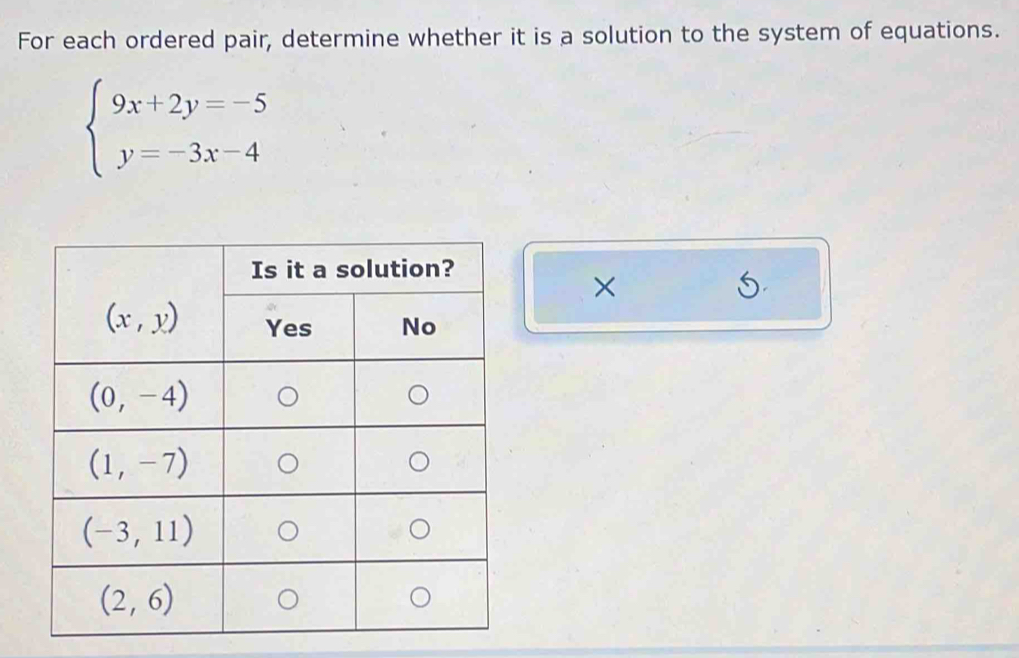 For each ordered pair, determine whether it is a solution to the system of equations.
beginarrayl 9x+2y=-5 y=-3x-4endarray.
×