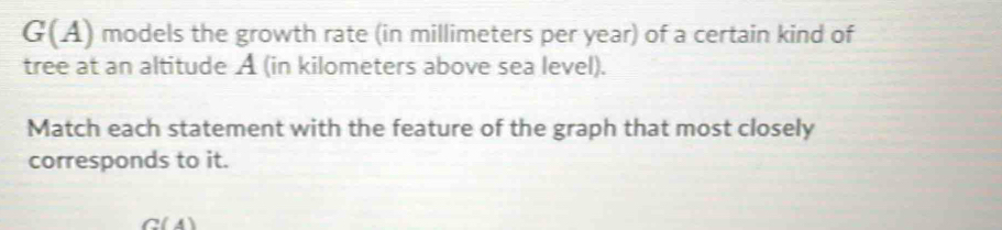 G(A) models the growth rate (in millimeters per year) of a certain kind of 
tree at an altitude A (in kilometers above sea level). 
Match each statement with the feature of the graph that most closely 
corresponds to it.
C(4)