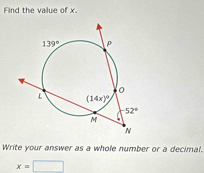 Find the value of x.
Write your answer as a whole number or a decimal.
x=□