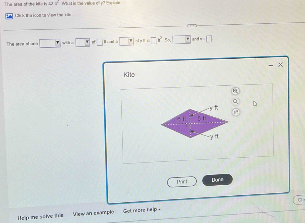Solved: The area of the kite is 42ft^2. What is the value of y? Explain ...